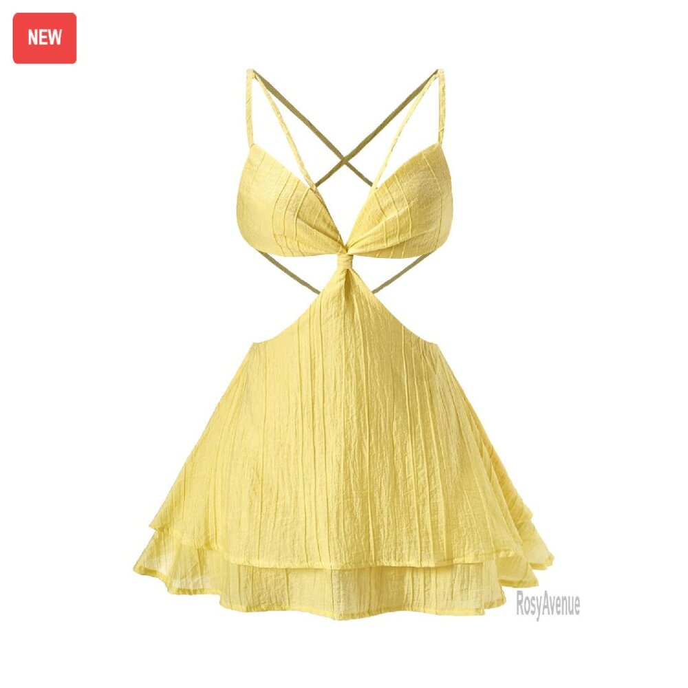 Backless Mini Dress With Ruffle Hem, Criss Cross Back, Deep V Neck